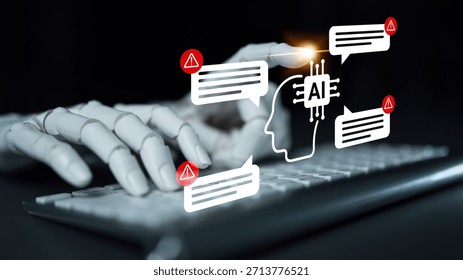 A robotic hand interacts with a keyboard while alert notifications and an AI symbol hover above, representing the evolution of communication and artificial intelligence. Gantry