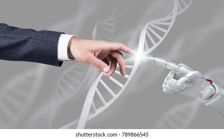 Robotic and human hand touches DNA chain. 3d rendering - Powered by Shutterstock