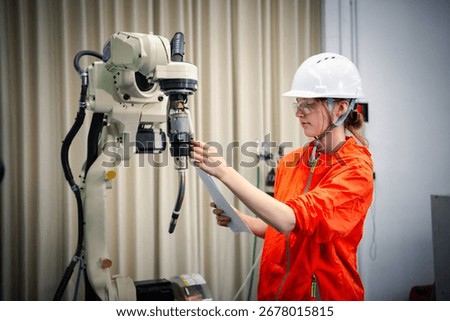 Robotic machine engineers is checking the operation of a robot arm manufacturing machine and welding robots in a production process at an industrial factory.