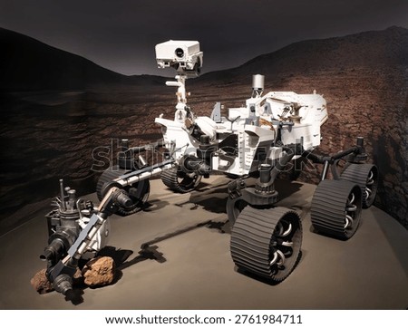 Robotic mars rover for planetary surface exploration in science exhibition. Space vehicle exploration mars rover with robotic arm