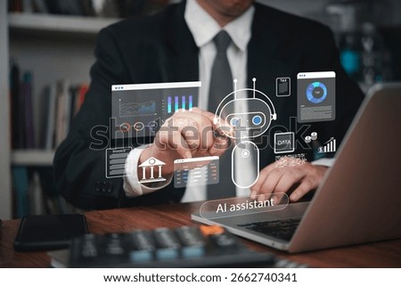 Robotic process automation AI assistant hologram, automated business processes and services financial banking. artificial intelligence data analysis, tax preparation, and invoice management.