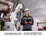 Robotics control engineers setting and maintain spare parts of industrial robot arm controller in production plant factory