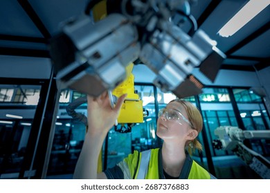 A robotics engineer uses a tablet to program a robot with a machine vision system, while her colleague calibrates the end-of-arm tooling on another unit in a system integration lab.