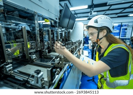 A robotics engineer uses a tablet to program a robot with a machine vision system, while her colleague calibrates the end-of-arm tooling on another unit in a system integration lab.