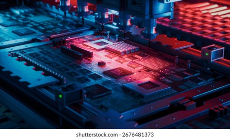 Robotics in a High-tech Facility Perform Microchip Soldering With Nanoscale Precision, Semiconductor Production Efficiency and Ensuring Defect-free Electronic Components at Sub-3nm Geometries.