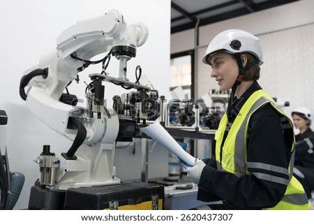 Robotics manufacturing industry. Engineer control and training autonomous robot. Test programmable logic controller with AI robot training kit and mechatronics engineering
