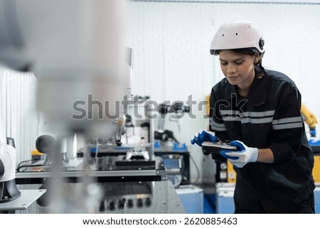 Robotics manufacturing industry. Engineer control and training autonomous robot. Test programmable logic controller with AI robot training kit and mechatronics engineering