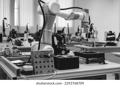 Robotics, Robot for industry. Collaborative robot, safe, flexible. AI Robot, robot arm in the manufacturing automation and robotics manufacture room. Hitec technology. Industrial Robotic Manipulator.