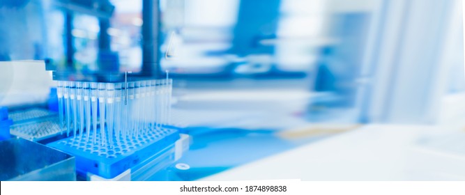 Robotics technology background. blue 96 well roboter head in genetics and medical laboratory. Medical diagnostics and research in futuristic fourth industrial revolution. Banner with free space - Shutterstock ID 1874898838