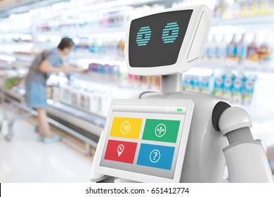 Robotics Trends Technology Business Concept. Autonomous Personal Assistant Robot For Navigation Direction And Items In Retail Mall Shop Blur Background. 3D Rendering