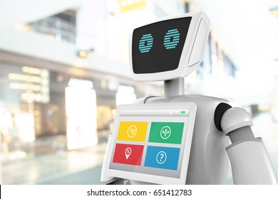 Robotics Trends Technology Business Concept. Autonomous Personal Assistant Robot For Navigation Direction And Items In Retail Mall Shop Blur Background. 3D Rendering