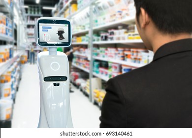 Robotics Trends Technology , Smart Retail Business Concept. Autonomous Personal Assistant Robot For Navigation Customer To Search Items In Construction Mall.