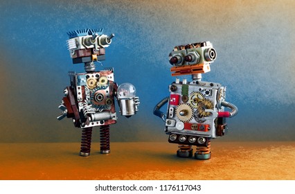 Robots communication, artificial intelligence concept. Two robotic characters with light bulb