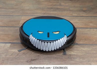 Robots Takeover, Robots As Pets And Evil Robots Concepts. Robot Vacuum Cleaner On The Floor With Eyes And Evil Smile.