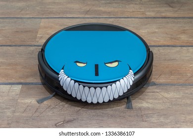 Robots Takeover, Robots As Pets And Evil Robots Concepts. Robot Vacuum Cleaner On The Floor With Eyes And Evil Smile.