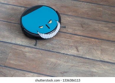 Robots Takeover, Robots As Pets And Evil Robots Concepts. Robot Vacuum Cleaner On The Floor With Eyes And Evil Smile.