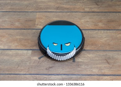 Robots Takeover, Robots As Pets And Evil Robots Concepts. Robot Vacuum Cleaner On The Floor With Eyes And Evil Smile.