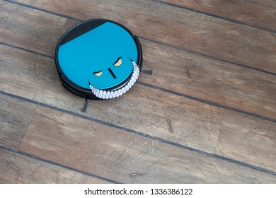 Robots Takeover, Robots As Pets And Evil Robots Concepts. Robot Vacuum Cleaner On The Floor With Eyes And Evil Smile.