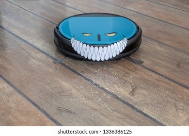 Robots Takeover, Robots As Pets And Evil Robots Concepts. Robot Vacuum Cleaner On The Floor With Eyes And Evil Smile.