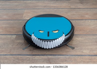 Robots Takeover, Robots As Pets And Evil Robots Concepts. Robot Vacuum Cleaner On The Floor With Eyes And Evil Smile.