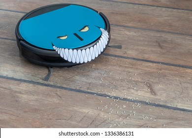 Robots Takeover, Robots As Pets And Evil Robots Concepts. Robot Vacuum Cleaner On The Floor With Eyes And Evil Smile.