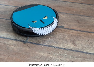 Robots Takeover, Robots As Pets And Evil Robots Concepts. Robot Vacuum Cleaner On The Floor With Eyes And Evil Smile.