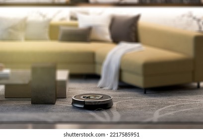 Robots Vacuums Cleaners On Carpet In Living Room For Cleaning Pet Hair And Dust. Home Automation System. Selective Focus