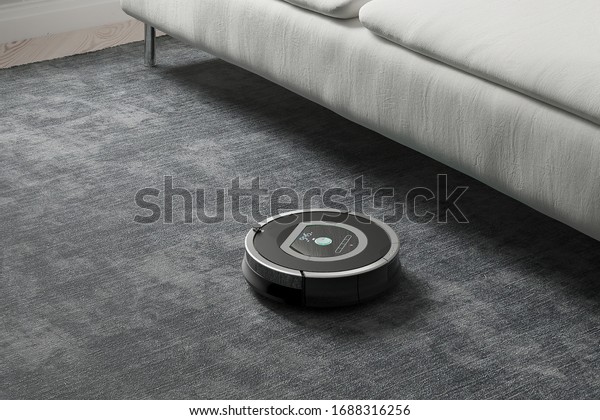 Robots vacuums cleaners on carpet in living room\
for cleaning pet hair and\
dust.