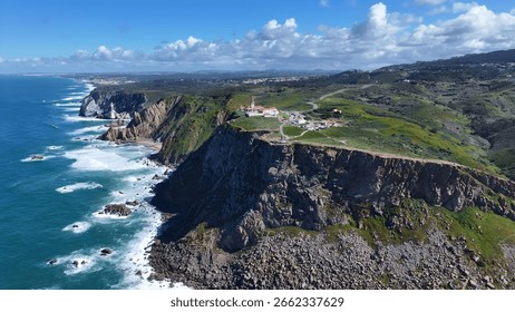 Roca Cape Cliffs In Sintra District Of Lisbon Portugal. Turquoise Ocean Waves Gently Crashing On Tropical Beach. Coast Horizon Seaside Summertime. Coast Outdoor Scenic Coastline.