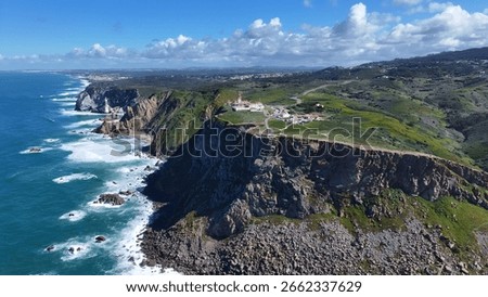Roca Cape Cliffs In Sintra District Of Lisbon Portugal. Turquoise Ocean Waves Gently Crashing On Tropical Beach. Coast Horizon Seaside Summertime. Coast Outdoor Scenic Coastline.