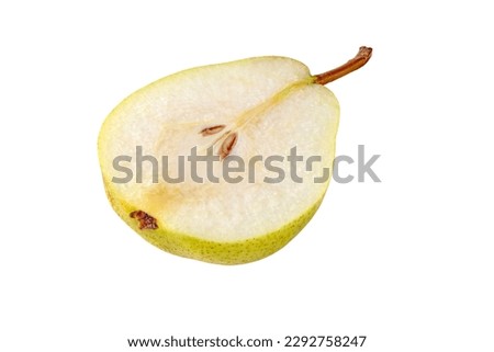 Rocha pear half cut fruit isolated on white. Yellow green spotted fruit with seeds.