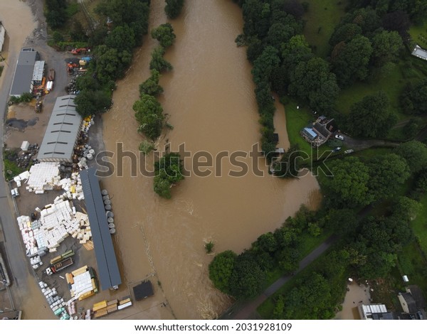 ROCHEFORT, BELGIUM - JULY 13, 2021: Drone view\
of some streets and houses heavily damaged from the historic floods\
in Rochefort, Belgium in July\
2021