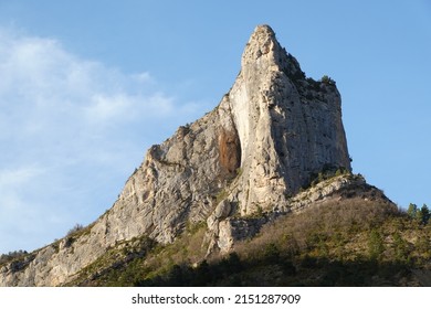'Rocher de Quiquillon' towering high above the village of Orpierre in France, well known for rock climbing