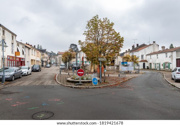 Rocheserviere, Pays de la Loire, France - September\
21, 2020: architecture detail of typical town center house of a\
small town on an autumn\
day