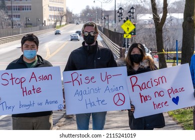 Rochester, New York - April 3, 2021: Stop Asian Hate Rally Group Protesters With Signs