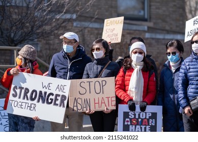 Rochester, New York - April 3, 2021: Stop Asian Hate Rally Group Protesters With Signs