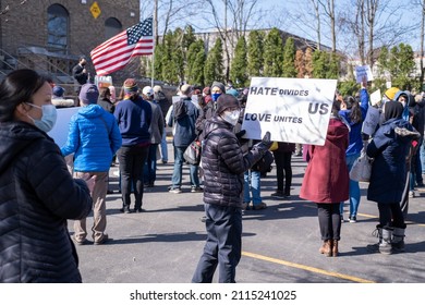 Rochester, New York - April 3, 2021: Stop Asian Hate Rally Group Protesters With Signs