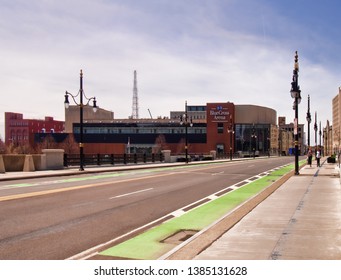 Rochester, New York, USA. April 25, 2019. View From The Court Street Bridge In Rochester, NY With The Blue Cross Arena In The Distance