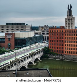 Rochester, New York, USA. July 30, 2019. Elevated View Of Downtown Rochester, NY. In Monroe County, With The Broad Street Bridge And Blue Cross Arena