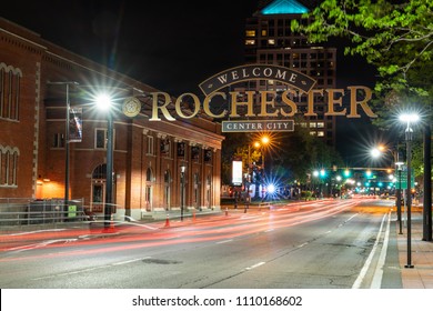 ROCHESTER, NY - MAY 14, 2018: Welcome to Rochester sign along South Clinton Avenue in downtown Rochester, New York