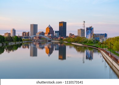 ROCHESTER, NY - MAY 14, 2018: Skyline of Rochester, New York along  Genesee River at sunset