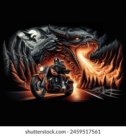 Rock album artistic image of harley davidson on the road  and a big strong dragon with a formidable face and a flame behind.