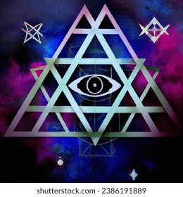 Rock album artistic image of heptagram, sacred geometry, third eye, god, cosmos, mystery of life, epic composition