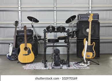 Rock Band Equipment In A Suburban Garage.