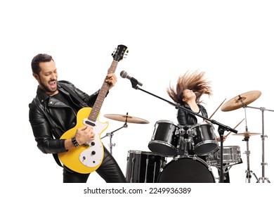 Rock band performing with a female drummer and a male guitairst isolated on white background - Powered by Shutterstock