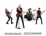 Rock band performing with a lead female guitarist isolated on white background