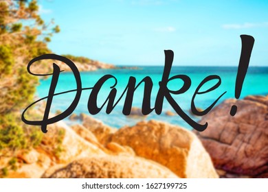 Rock Beach, Sardinia, Beautiful Landscape, Text Danke Means Thank You