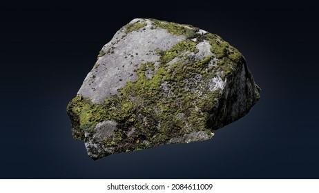 Rock Boulder With Moss Isolated On Dark Background For Design And Decoration. Many Uses!