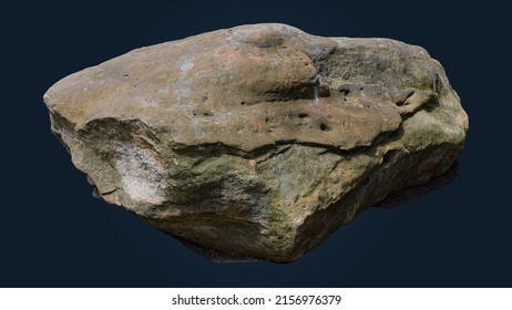 Rock Boulder With Moss Isolated On Dark Background For Design And Decoration. Many Uses!