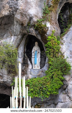 The rock cave at Massabielle with the statue of the Virgin Mary
